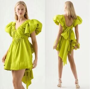 AJE Gretta Bow Back Mini Dress In Chartreuse Green Womens Size 4 us New